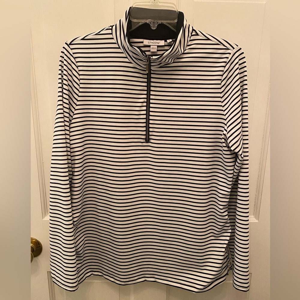 Chico's Black/ White Striped Half-Zip Top